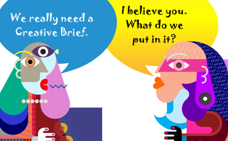 Abstract illustration of two characters talking. "We really need a creative brief." "I believe you. What do we put in it?"