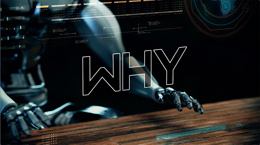 Image of an AI robot typing the word "Why" on a virtual keyboard